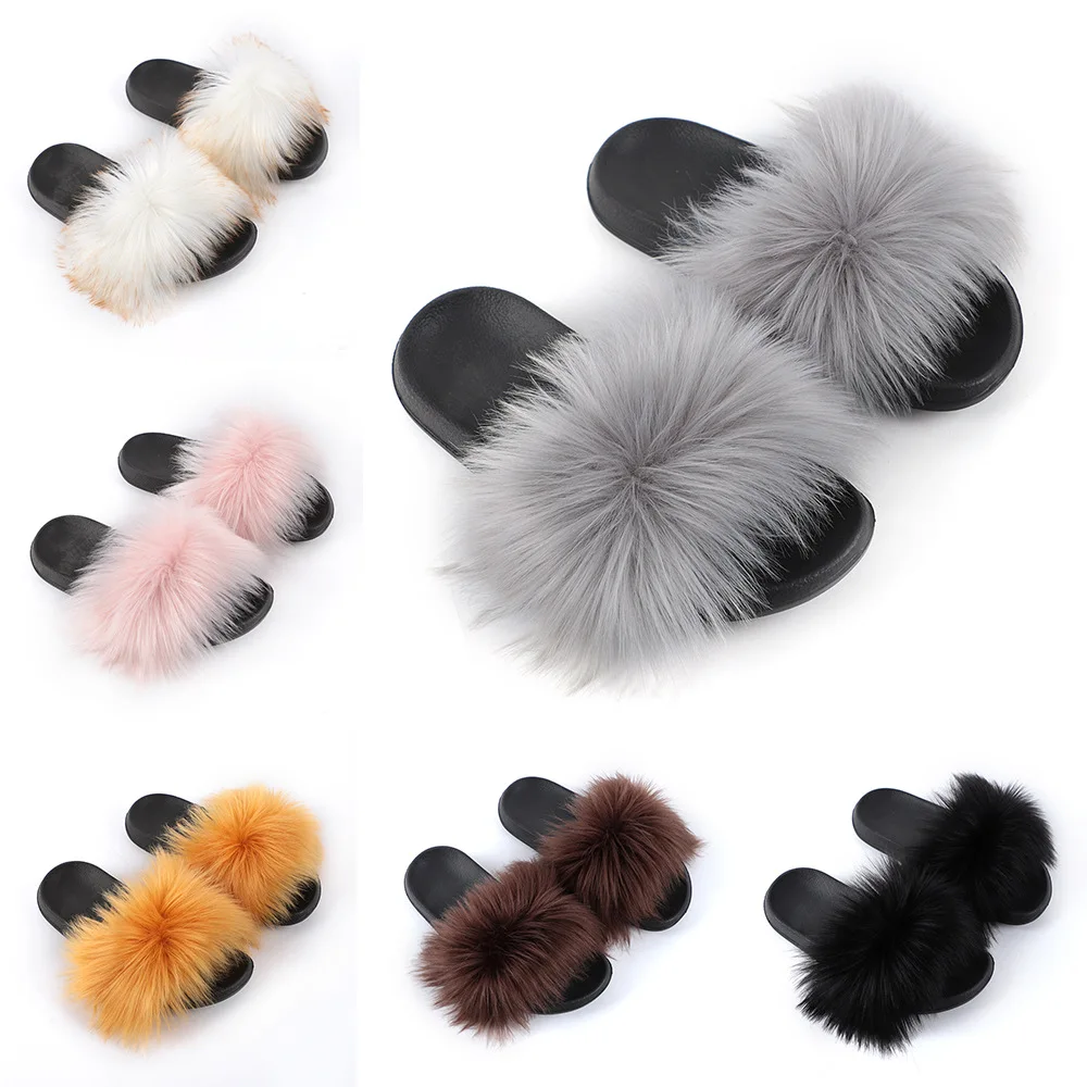 

Shoes Woman 2021 Flock Low Plush Slippers For Adults Pantofle Beige Heeled Sandals Fur New Black Basic Slides Fabric Rome Solid