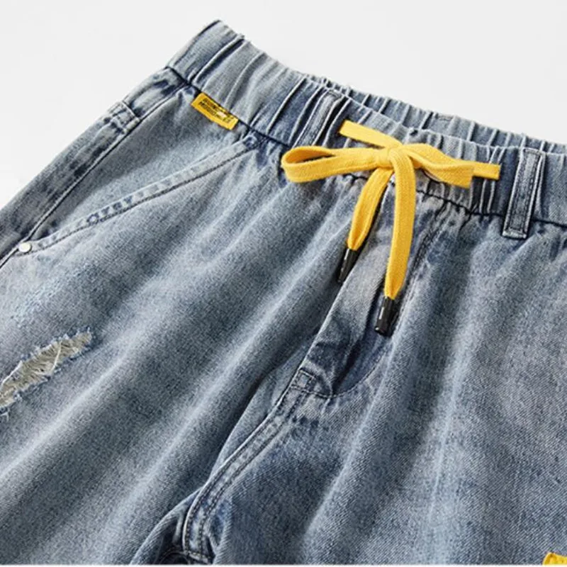 

2021 Summer New Beach Casual Men Shorts Straight Ripped Knee Length Denim Shorts Drawstring Loose Hole Male Short Jeans 28-42