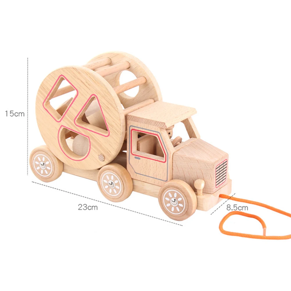 

Wooden Pull Along Car Geometric Shape Matching Building Block Education Kids Toy