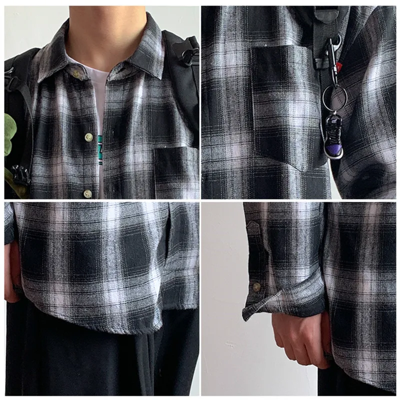 

Casual Men's Cotton Square Collar Long Sleeve Top Fashion Loose OverSize Check Pattern Couple Plaid Shirt