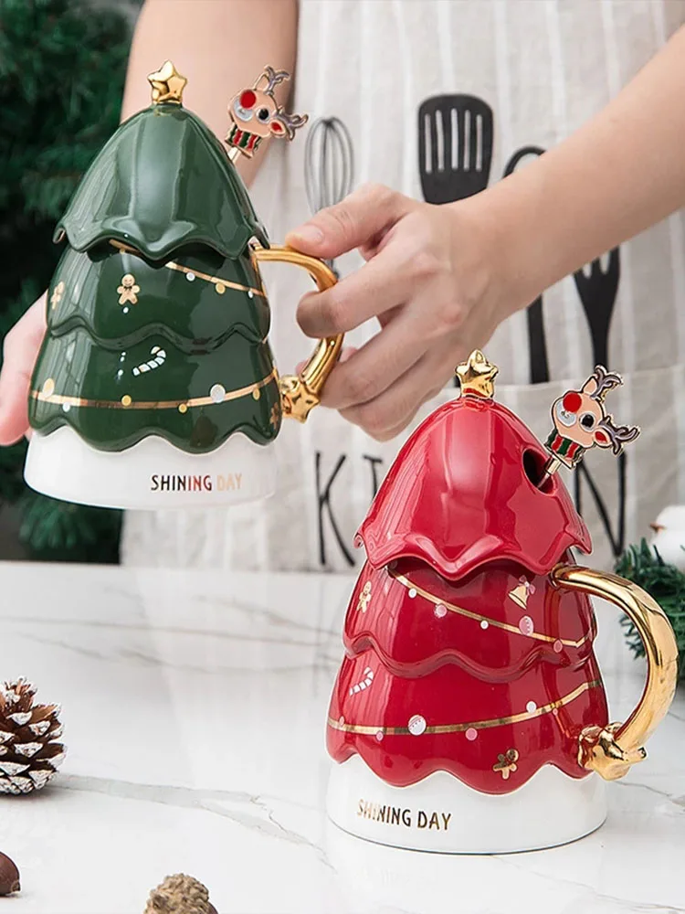

3D Christmas Tree Mug Ceramic Mugs Coffee Cups with Lid Spoon Friend Companion Christmas Gifts for New Year 2022 Child Xmas Gift
