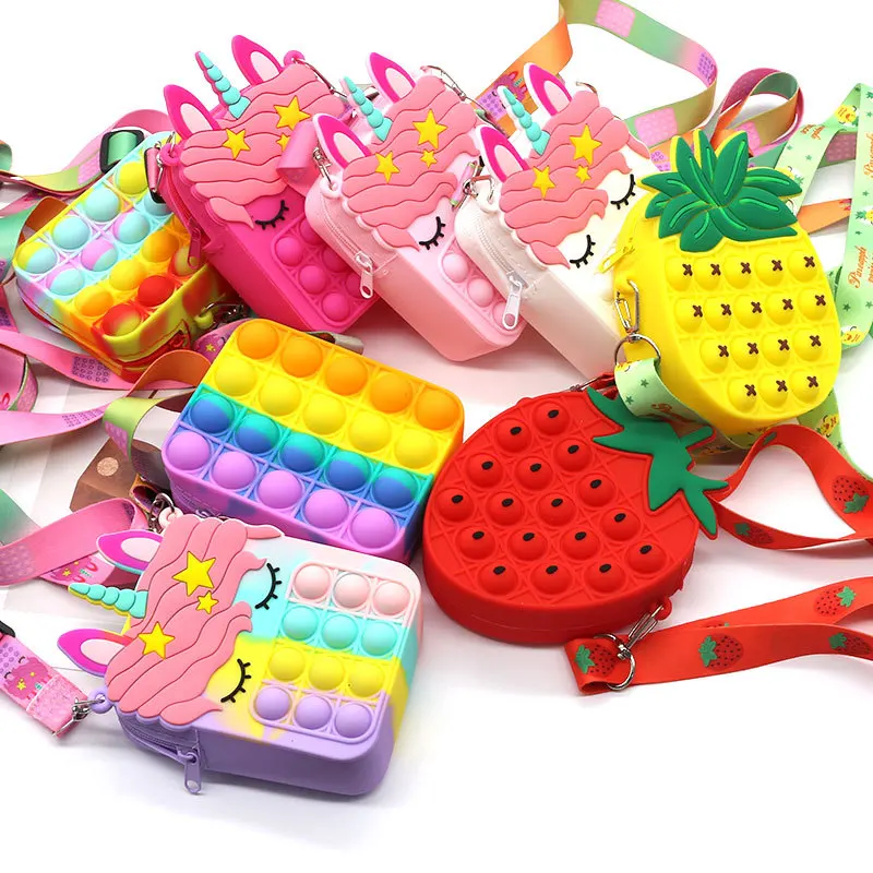 

New fashion toy push bubble toy rainbow unicorn coin purse wallet lady bag silicone simple dimple messenger bag girl