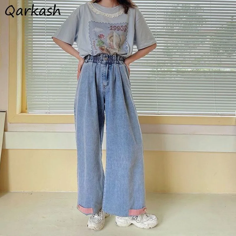 

Джинсы женские свободные в японском стиле, простые широкие эластичные штаны в стиле ретро, с карманами, на пуговицах, для девушек в колледже,...