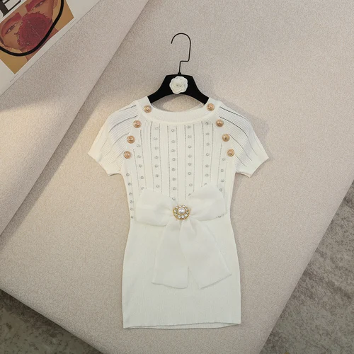 

Stretch Knitted T Shirt Women 2021 Summer New Short Sleeve Round Neck Industry Rhinestone Bow Slim Elastic Ice Silk Knit Top