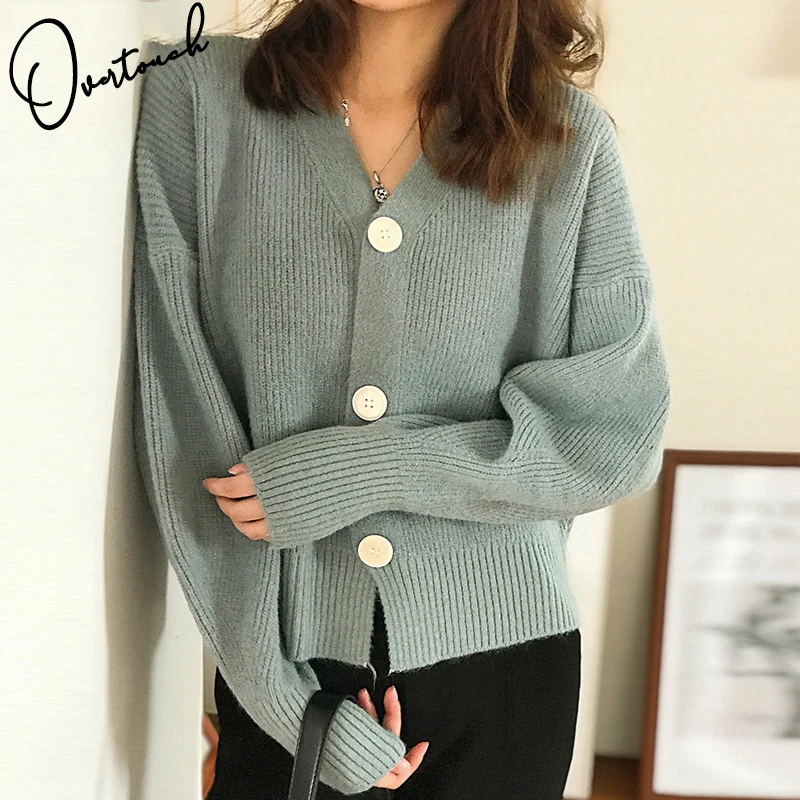 

Overtouch Women Cardigan Knitted Sweater Single Breasted Solid Casual V-Neck Korean Clothes Autumn Winter 2021 Long Sleeve Top