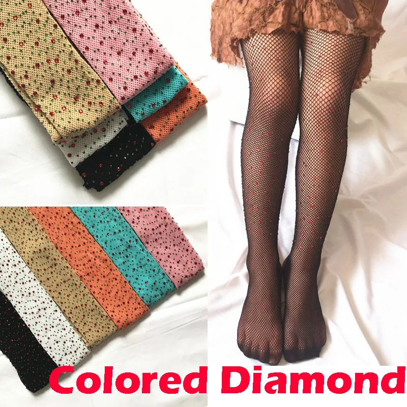 

Kids Girls Fishnet Stockings Colored Diamonds Mesh Pantyhose Fashion Children Girl Rhinestone Hollow Out Tights Stockings 7-10Y