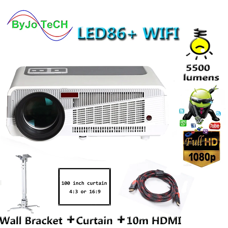 

Проектор Full HD 5500 P 3D Android 6.0, Wi-Fi, 1080 лм, HDMI, настенный кронштейн для штор