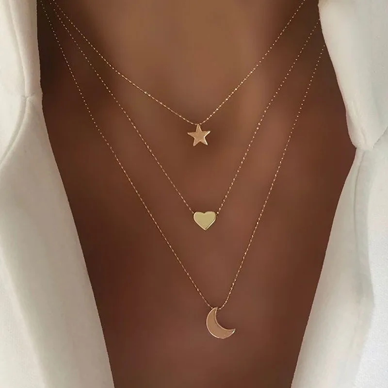 

2021 Simple Moon Star Heart Pendant Necklace Women's Retro Sequin Coin Short Clavicle Necklaces Glamour Girl Lover Jewelry Gift