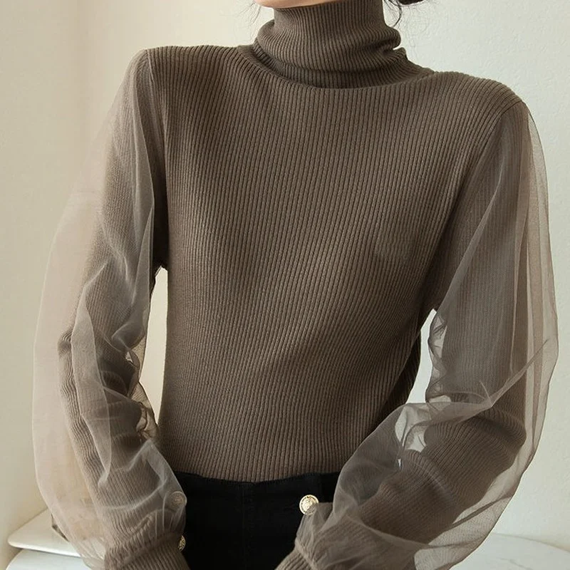 

Женский трикотажный пуловер, корейский кружевной сетчатый вязаный пуловер в стиле пэчворк, Осень-зима 2021, женский свитер с длинным рукавом ...
