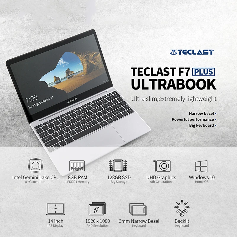 Teclast F7 Plus ноутбук 14,0 'Windows 10 Домашняя версия Intel Gemini Lake N4100 четырехъядерный 1,1 ГГц 8 Гб ОЗУ 256 ГБ SSD HDMI Ноутбуки
