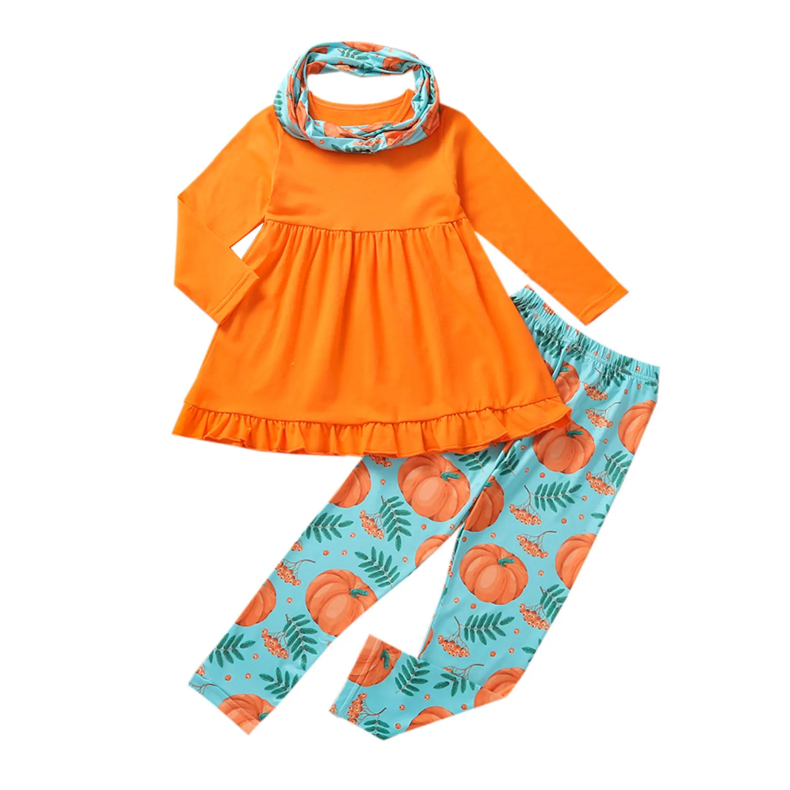 

Комплект детской одежды из трех предметов на Хэллоуин для девочек, пуловер с круглым вырезом, штаны и шейный платок с принтом тыквы