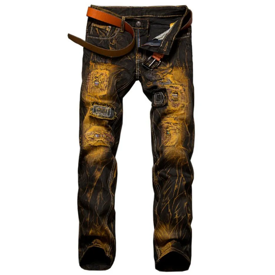 

EL BARCO Vintage Camouflage Cotton Denim Jeans Men Hip Hop Ripped Holes Black Pants Streetwear Slim Patches Yellow Male Trousers