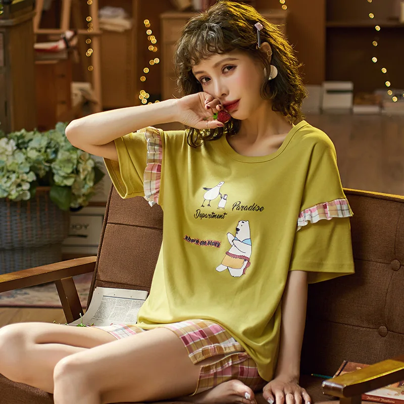 2020 New Pajama Women's Summer Thin Short Sleeve Cotton Lovely Loose Homewear Leisure Suit Female's Set | Женская одежда