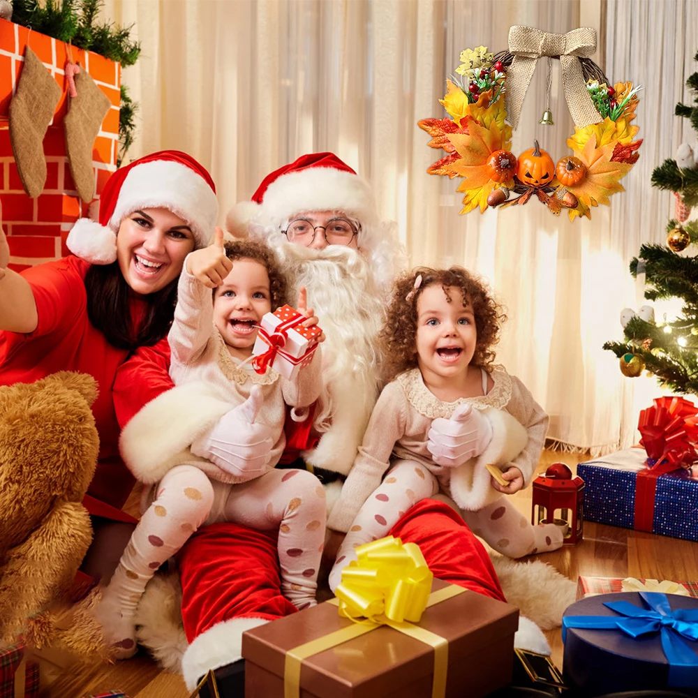 

Halloween Hanging Wreath Bow-Knot Pumpkin Artificial Wall Door Garland Wreath For Halloween Thanksgiving Party Home Decor