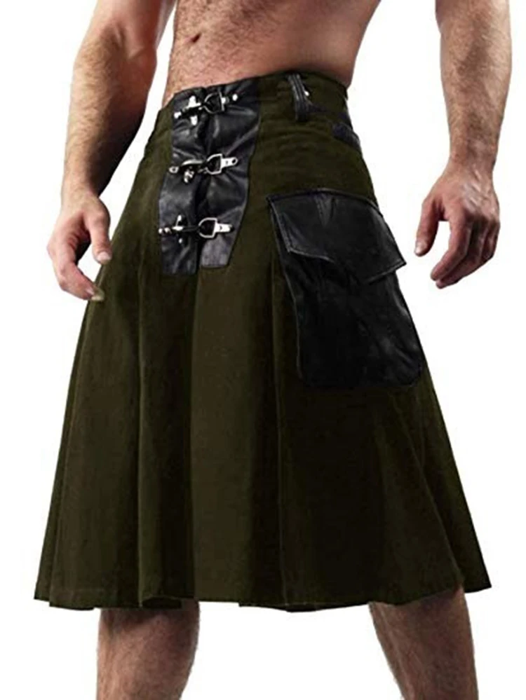 Dark Green SFIT Мужская юбка с поясом, плиссированная юбка, двусторонняя юбка с карманами и цепочкой, коричневая Готическая панк шотландская юбка, комплект с карманами, юбки для мужчин - Цвет: Dark Green