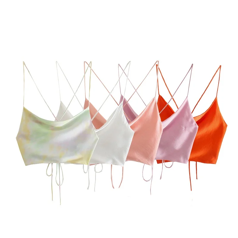 TRAF Top Women Satin Top Woman Orange Summer Crop Top Female Backless Pink White Top Women Straps Sleeveless Sexy Tanks Camis