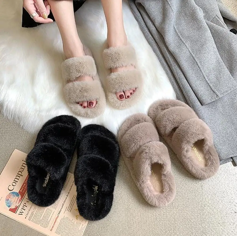 

2020 winter Korean net red fur Women's shoes female flat word with fur slippers fashion thick bottom home lazy slippers women