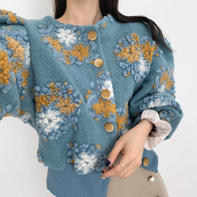 

Korean Style Women's Coat Vintage Round Neck Single Breasted Jackets Female Blue/Black 3D Flower Jacket Autumn Winter Fashion