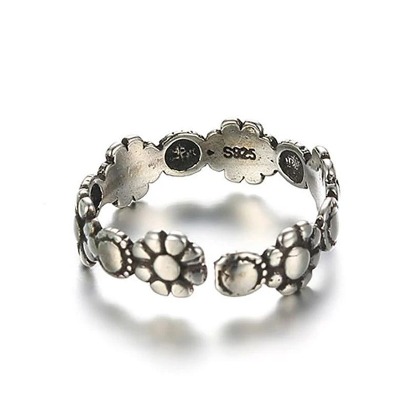 New 925 Thai Silver Antique Black Flower Band Stackable Cuff Open Adjustable Ring For Women Finger Fine Jewelry 1Y774 | Украшения и