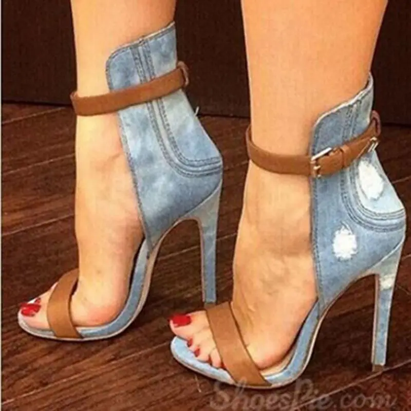 

Denim Cloth Cover Heels Sandals Ankle Buckled Multi Thin High Heel Sandals Summer Simple Dress Shoes Sexy Retro Frazzle