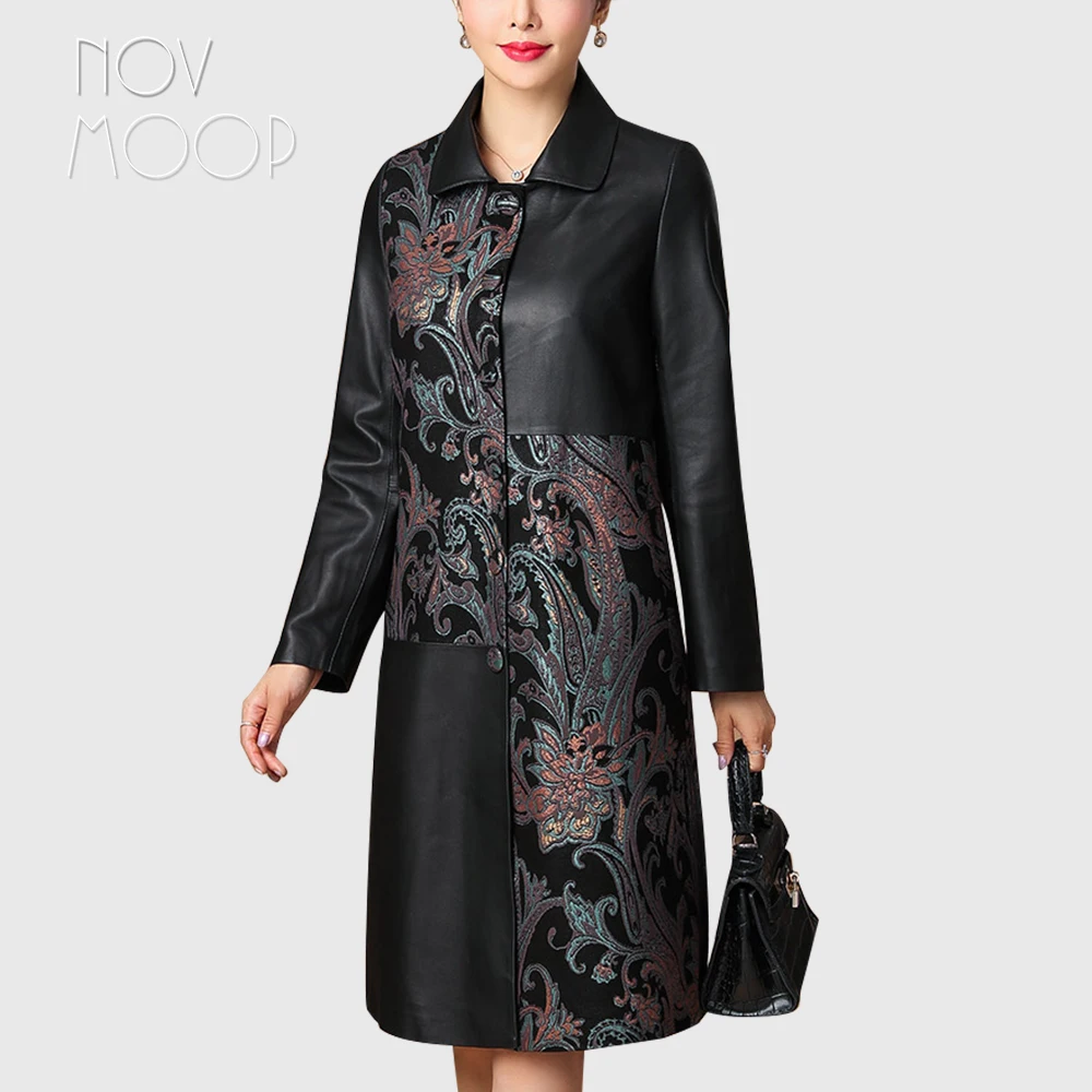 

Novmoop genuine leather women overcoat spliced printed sheepskin delux flora pattern French elegant style Veste en cuir LT3385