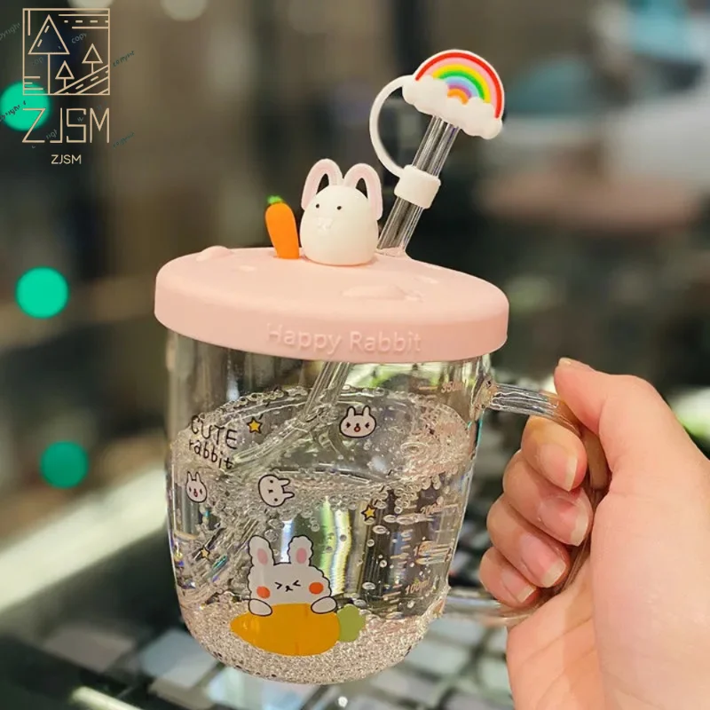 

380ml Cute Rabbit Glass Mugs With Silicone Cover and Straw Coffee Tea Milk Breakfast Cups Handle Drinkware Nice Gifts