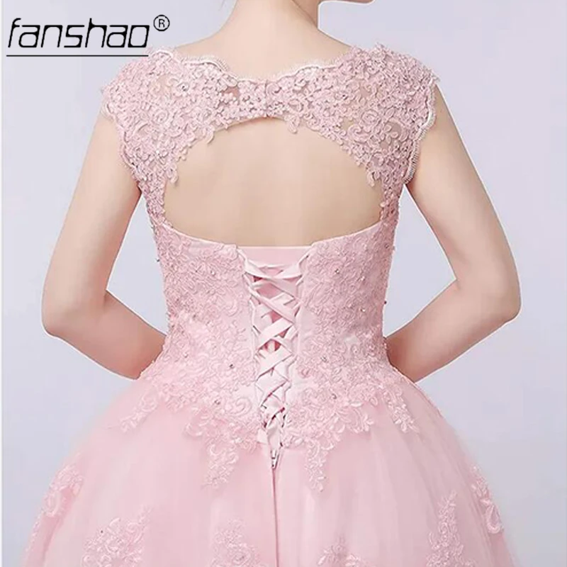 Женское платье с V-образным вырезом Fanshao розовое вечернее без рукавов аппликацией