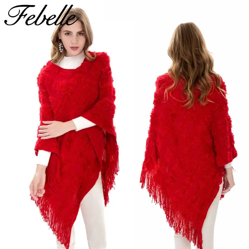 Febelle Женское зимнее теплое вязаное пальто с рукавом летучая мышь женская накидка