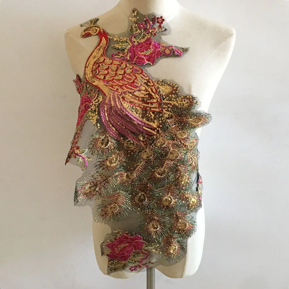 

Кружевное украшение с павлиньими перьями, аппликация с блестками, материал с золотой нитью для рукоделия, аксессуары для одежды, 1 шт.