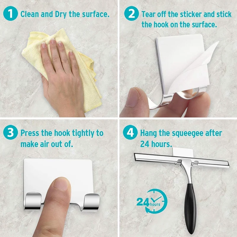

Shower Squeegee, Stainless Steel Bathroom Gl Squeegee for Shower with Longer Non-Slip Handle Adhesive Hook for Shower