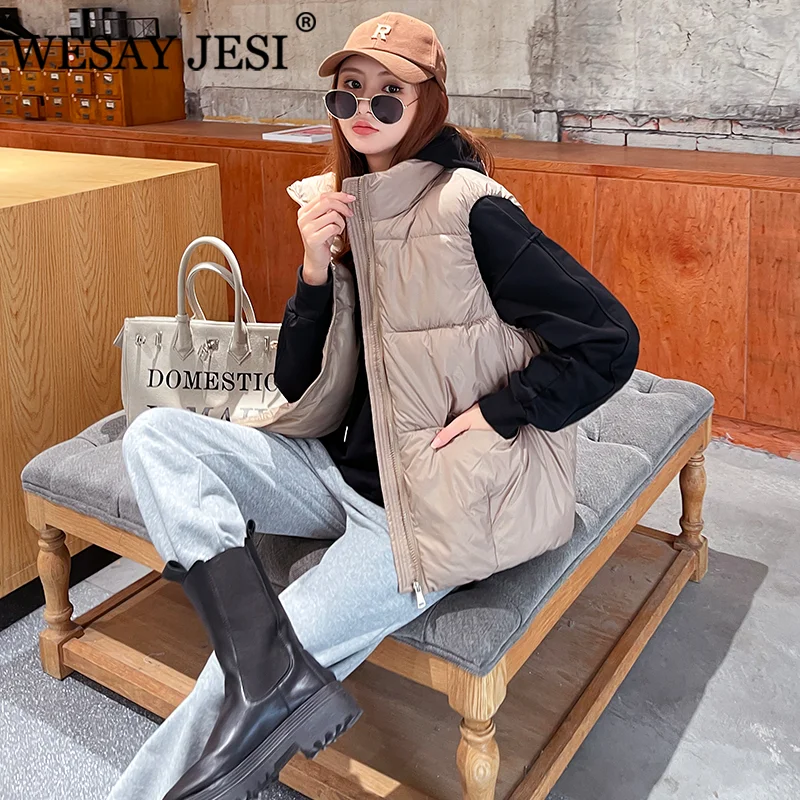 

WESAY JESI 2021 Winter Warm Vest Stand Collar Solid Glossy Gilet Hidden Pockets Woman Cotton Padded Sleeveless Jacket Waistcoat