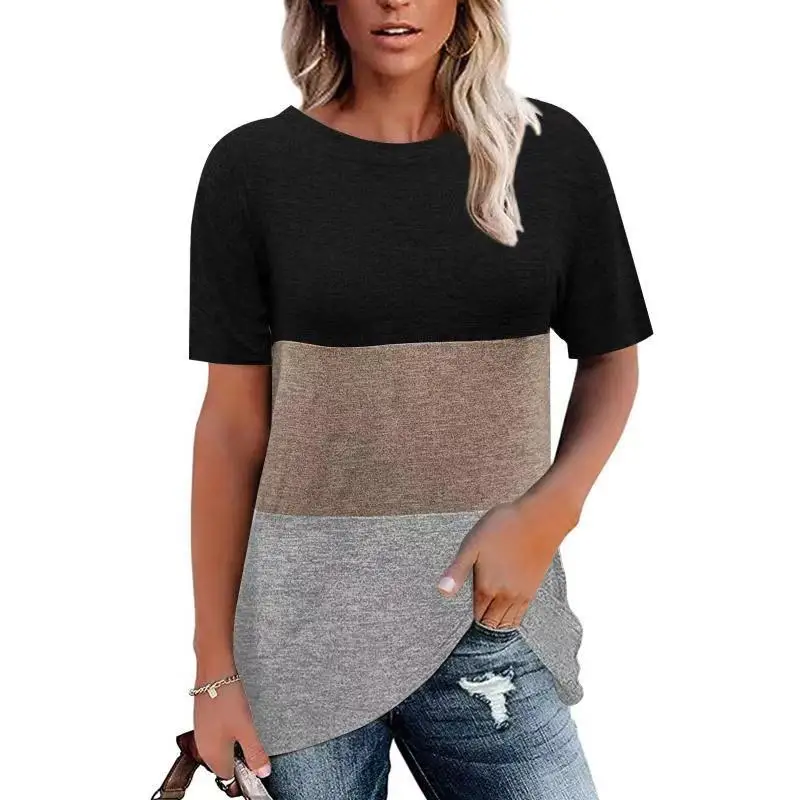 

Summer Relaxation Cross Border Fashion Women's Tops Three Color Splicing Round Neck Short Sleeve T-Shirt