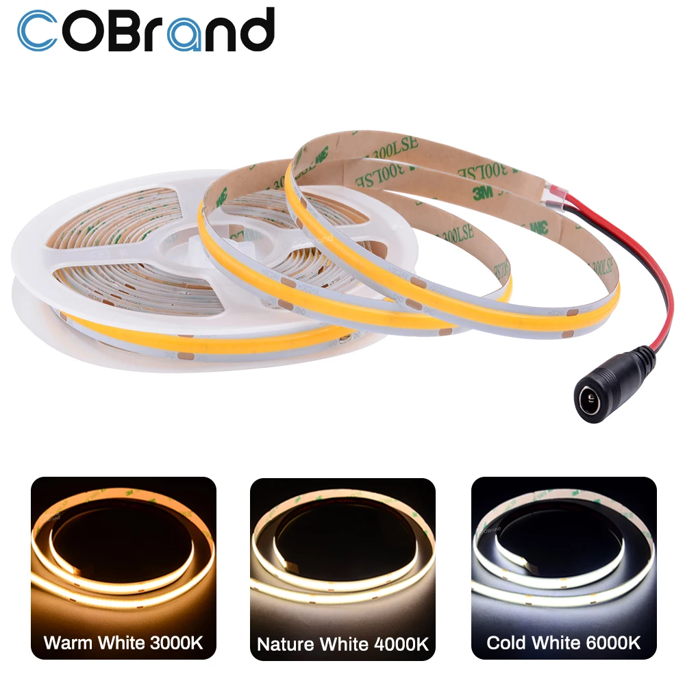 

DC12V 24V COB LED Strip Light 8mm 312LEDs/m High Density Flexible cob led Tape Lights 10 Meter Dimmable Linear Ribbon Cold White