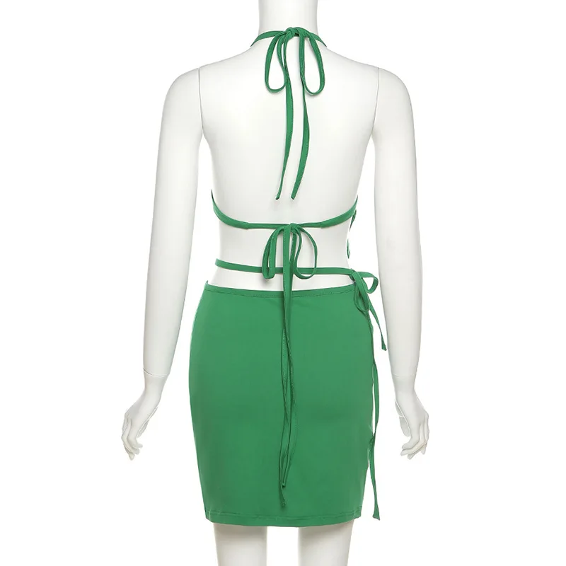 

Ggbaofan Fashion Halter Strappy Sexy Backless Crop Top and Mini Skirts Matching Suit Two Piece Outfits Summer 2021 Women's Set