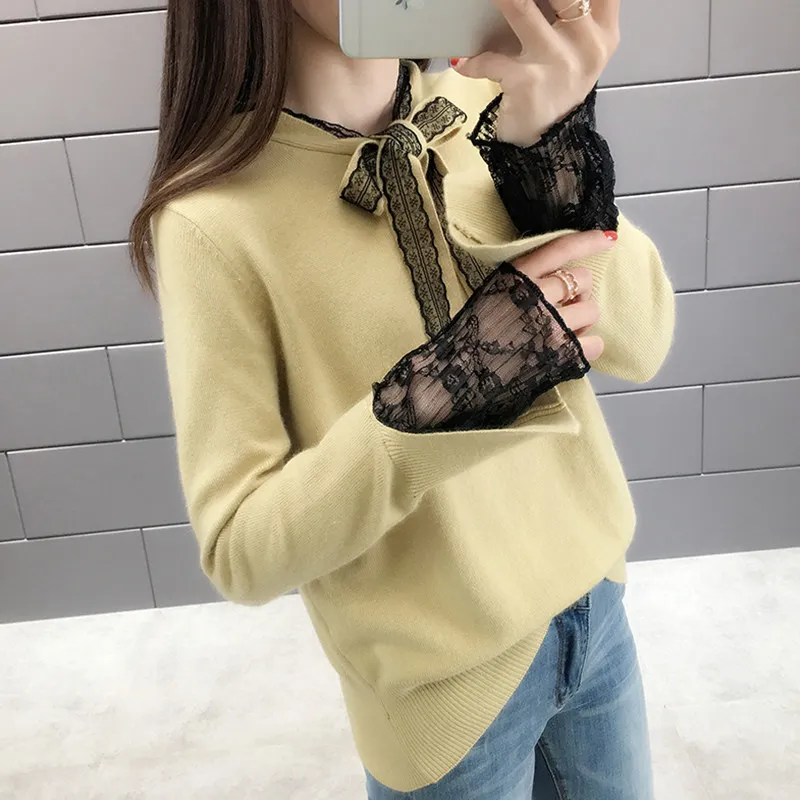 Осенне-зимние женские вязаные свитера 2019 повседневные кружевные лоскутные