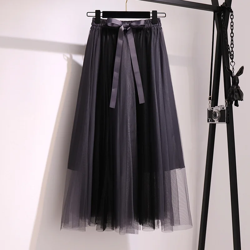 

2020 New Skirt Female Stitching Lace Bow Mesh Pleated Skirt Draped Yarn Skirt