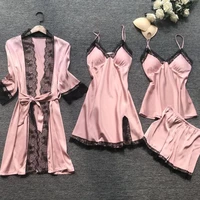 pink sexy lace lingerie set summer womens pajamas 4 piece set silk sling satin pajamas set women home clothes