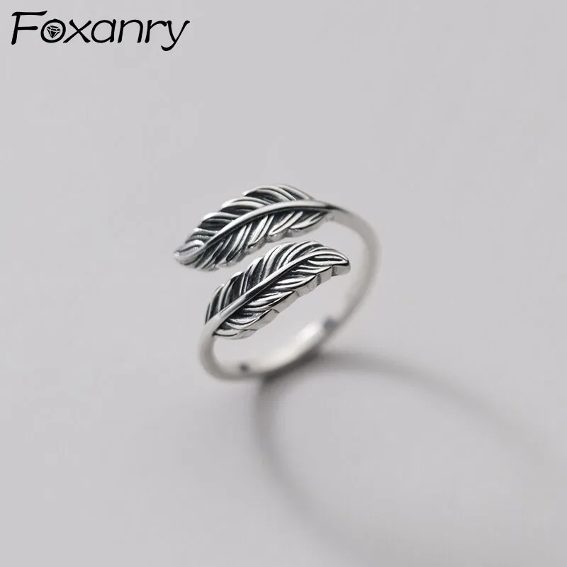 

FOXANRY Adjustable 925 Sterling Silver Rings for Women Trendy Elegant Vintage Creative Feather Design Thai Silver Party Jewelry