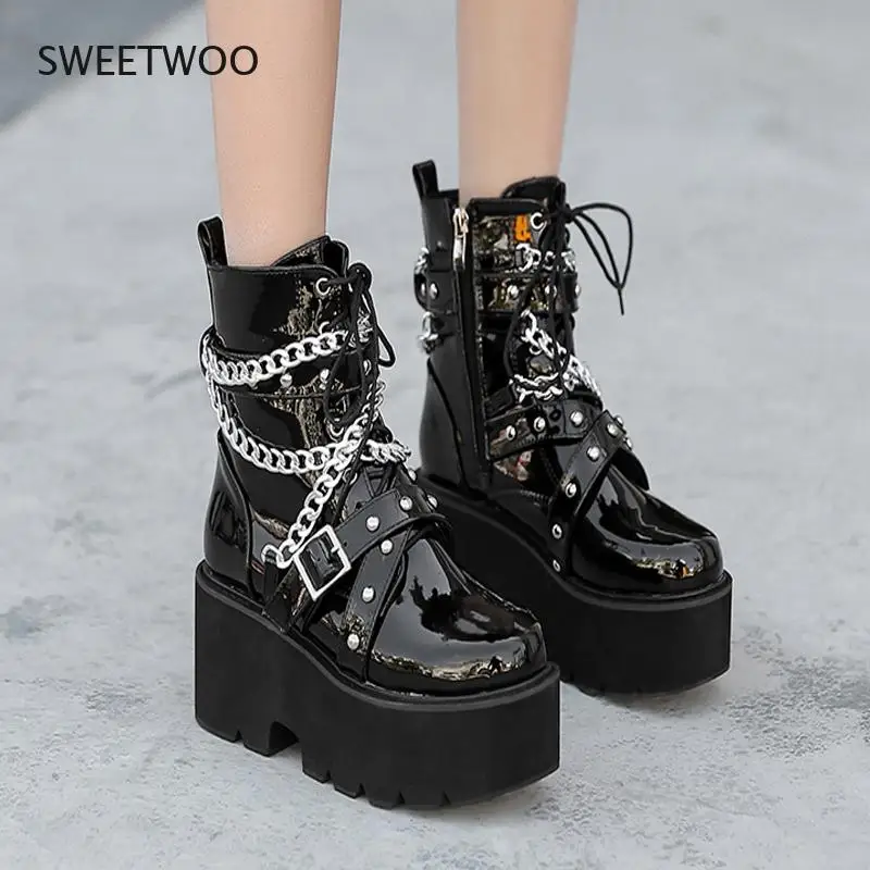

Women Square Heel Platform Boots Gothic Band High Heel Shoes Black Spring Winter