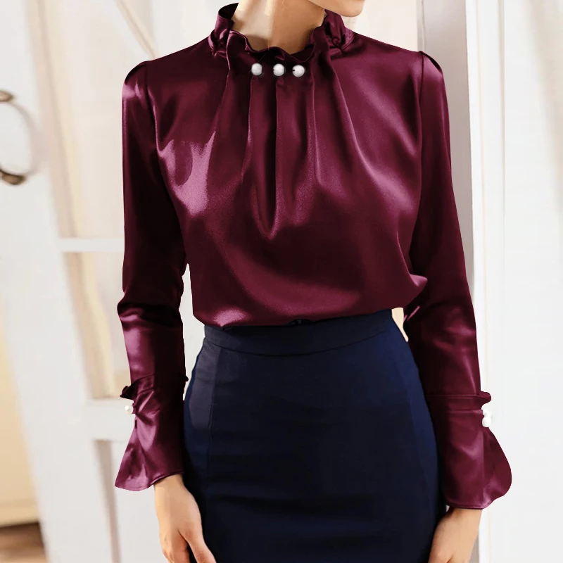 

Celmia 2021 Autumn Women Fashion Long Sleeve Satin Blouse Vintage Pearl Stand Collar Streetwear Shirts Elegant OL Top Oversized