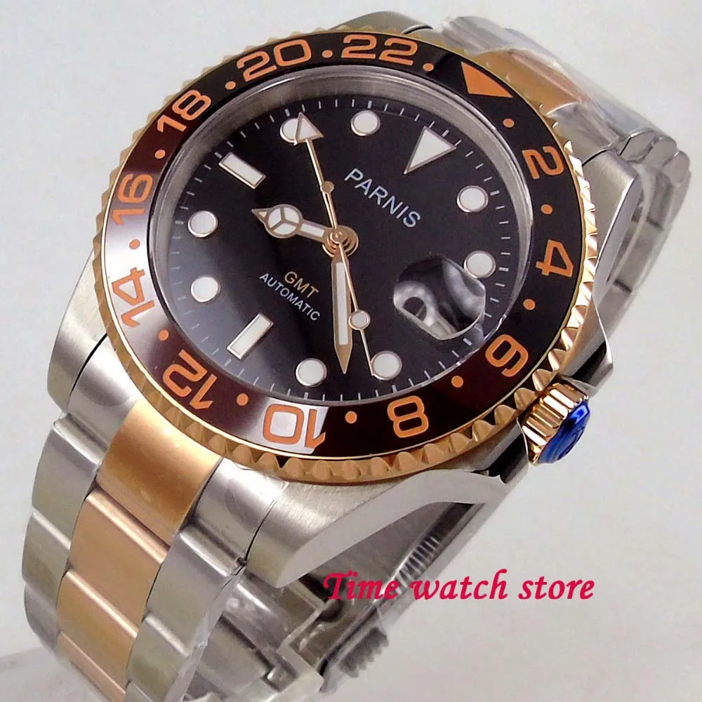 Мужские автоматические часы Parnis 40 мм GMT 3804 Роскошные водонепроницаемые стальные