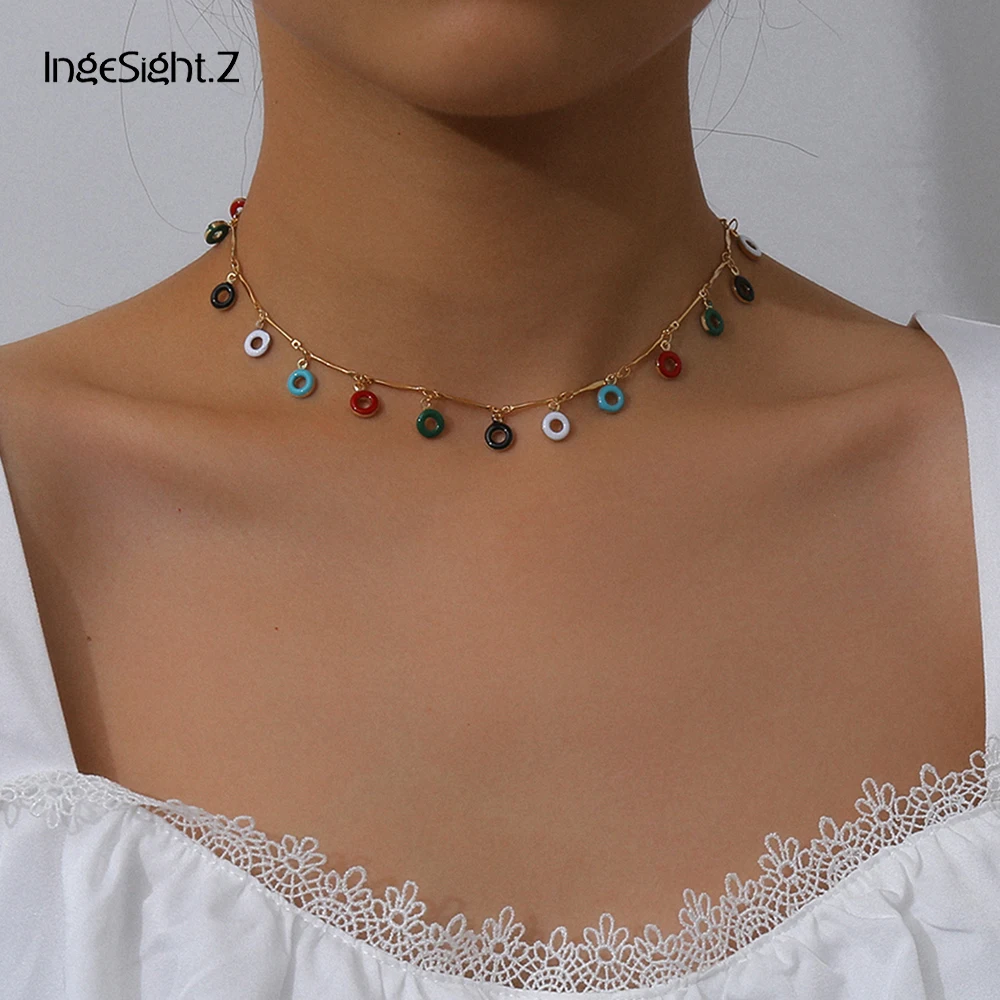 

IngeSight.Z Vintage Multiple Rainbow Small Round Circle Tassel Pendant Necklace Statement Choker Necklace for Women Jewelry Gift