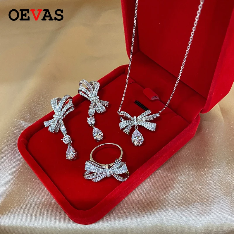 

OEVAS 100% 925 Sterling Silver Sparking High Carbon Diamond Bow-knot Fine Jewelry Set Wedding Bridal Earrings Rings Necklaces