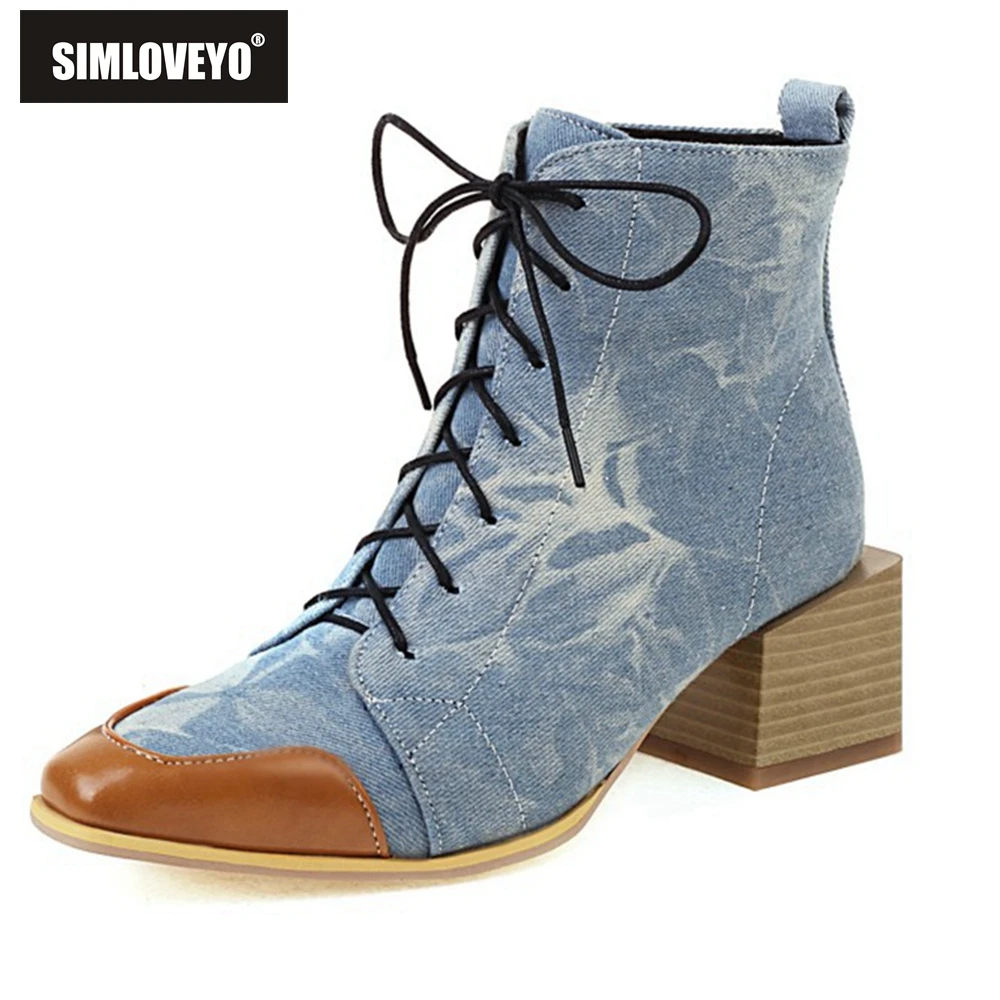

SIMLOVEYO 2021 Designer Fashion Ankle Boots for Women Demin Pointed Toe Middle Square Heel Lace Up Blue Yellow Size 48 S2446
