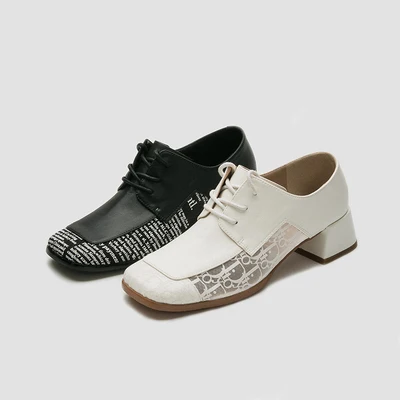 

Fashion Leather Shoes Spring Autumn British Style Thin Wild Square Toethick Heel Mid-heel Loafers 2020 New Lace-Up Casual Shoes