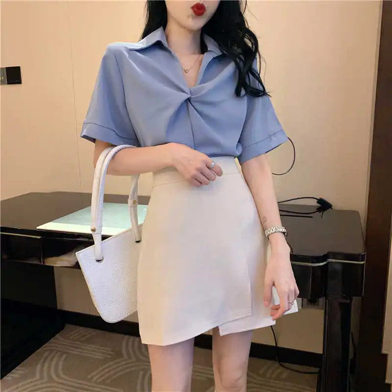 

Элегантный комплект из двух предметов в стиле ретро 2021, летняя рубашка с коротким рукавом и воротником-поло и асимметричная юбка средней дл...