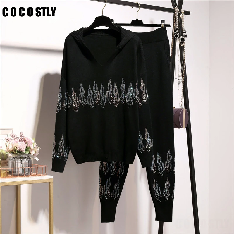 Женский спортивный костюм, Осенний Повседневный трикотажный спортивный костюм с капюшоном и длинным рукавом, комплект из 2 предметов со штанами, женская одежда с капюшоном с бриллиантами, комплект из двух предметов