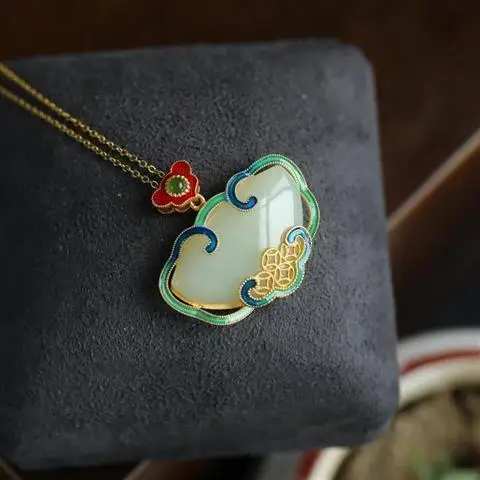 

Hetian Jade Ruyi Pendant Women's Jade Necklace Women's Sterling Silver Vintage Necklace Female Ethnic Chinese Style Jewelry