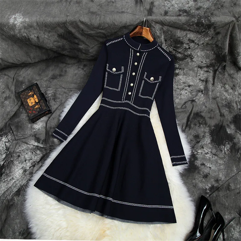 Новое Брендовое модное дизайнерское осеннее платье для подиума женское Vestidos с длинными рукавами и пуговицами, однотонные короткие вязаные платья-свитера Aline
