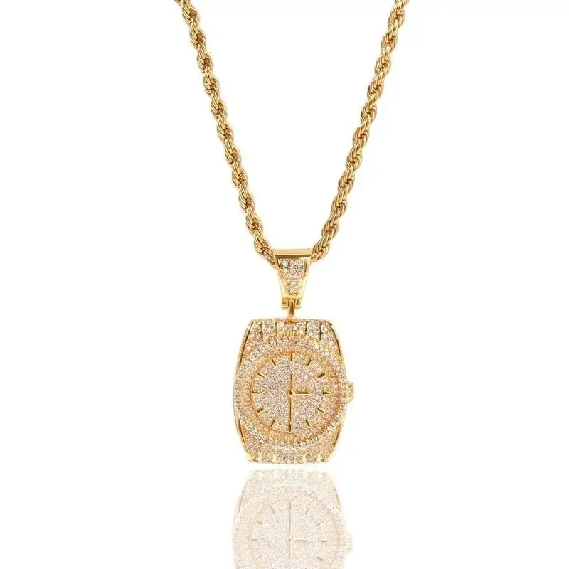 

Fashion Classic Zircon Watch Shape Pendant Necklace Trend Hip Hop Jewelry Gift for Men